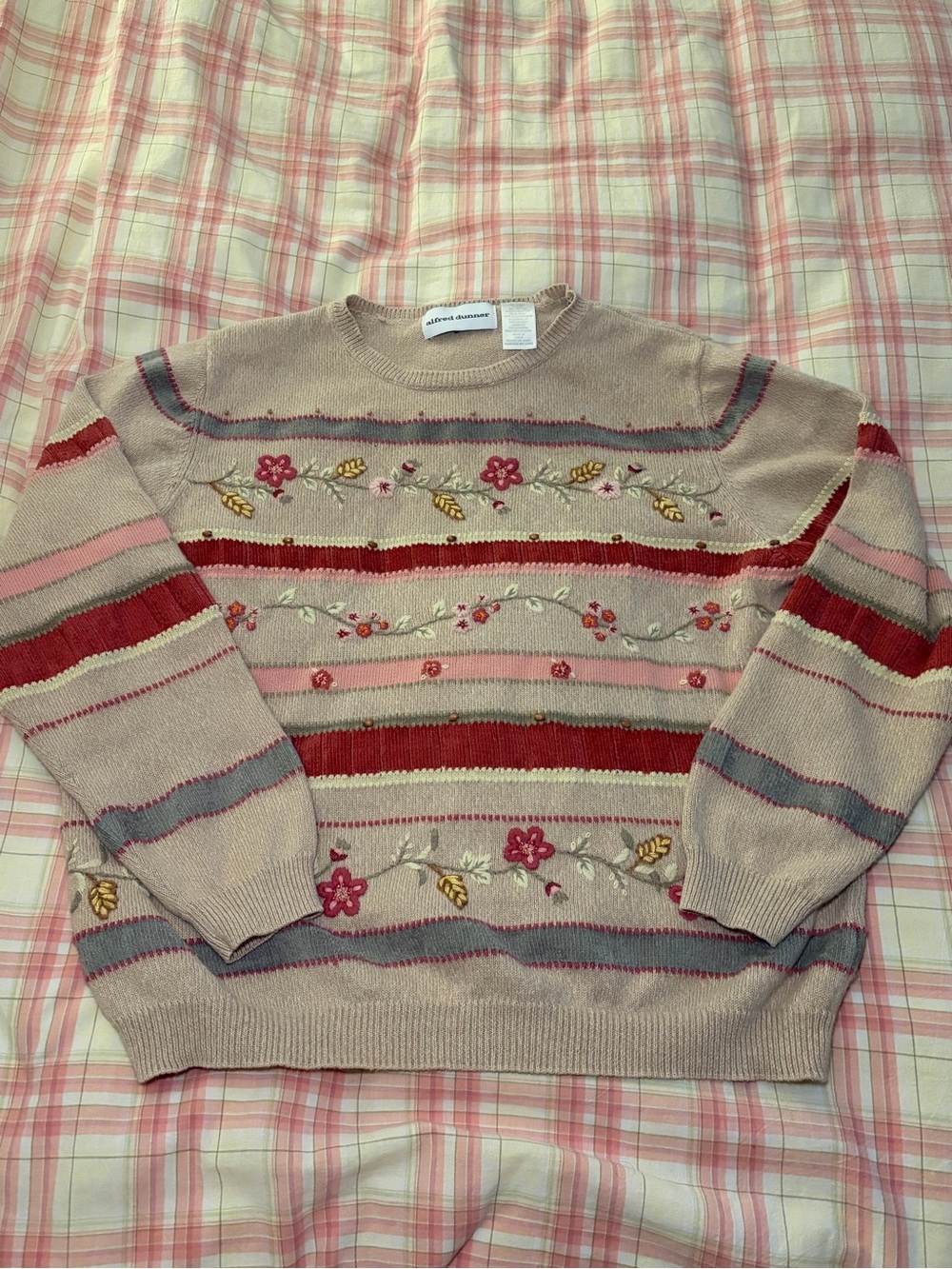 Alfred Dunner Embroidered Floral Striped Crewneck Sweater